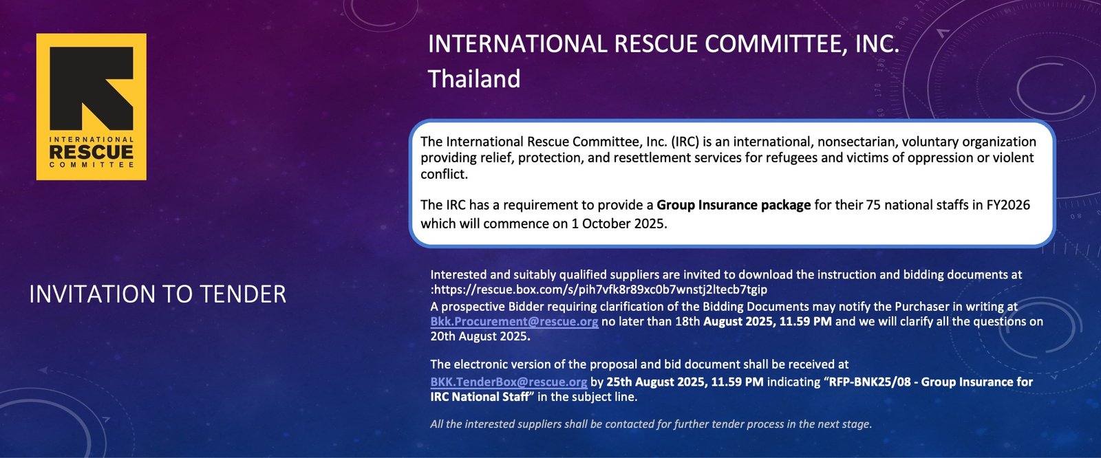 Request for Proposal (RFP) Reg. RFP-BNK25/08 Group Insurance for IRC National Staff FY 26 (Oct-25 to Sep-26)